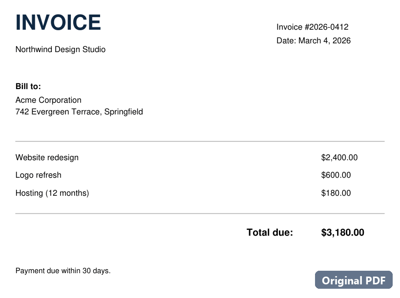 An invoice PDF where the client name, a line amount and the total are edited in place, keeping the original font.